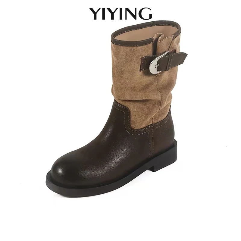 2026 New Round Toe Thick-heeled Brown Knight Boots Fashion Belt Buckle Design Pleated Pile Boots Street Style Women Ankle Boots