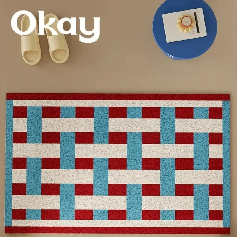 Red Blue Geometric Plaid PVC Coil Doormat Cuttable Anti Slip Entrance Floor Mat Household Dust Removal Front Door Foot Mat