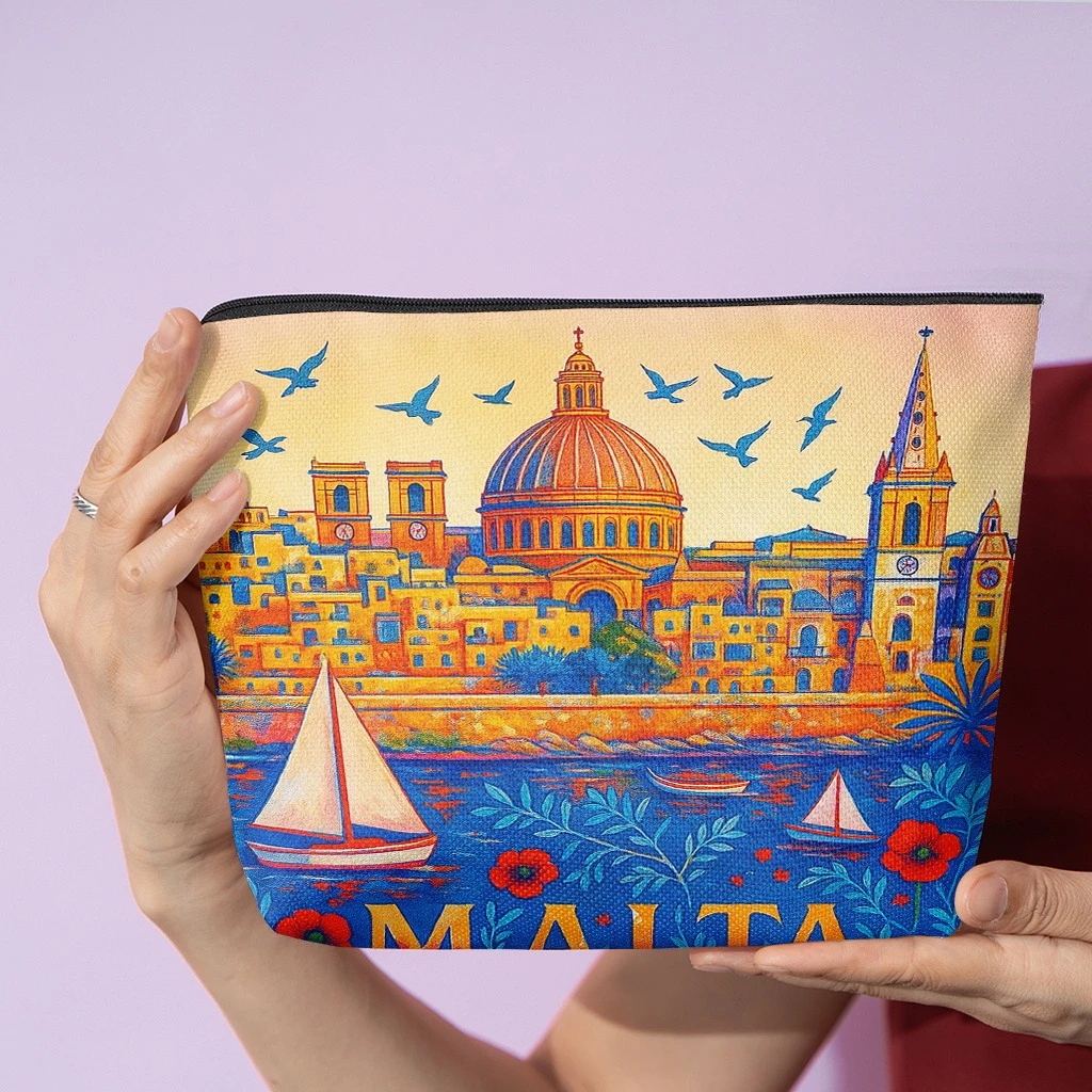 1 Makeup Bag, a Landscape Painting of Malta, a Stylish Zippered Wallet, a Snack Bag for Work, a Skincare Product Storage Bag