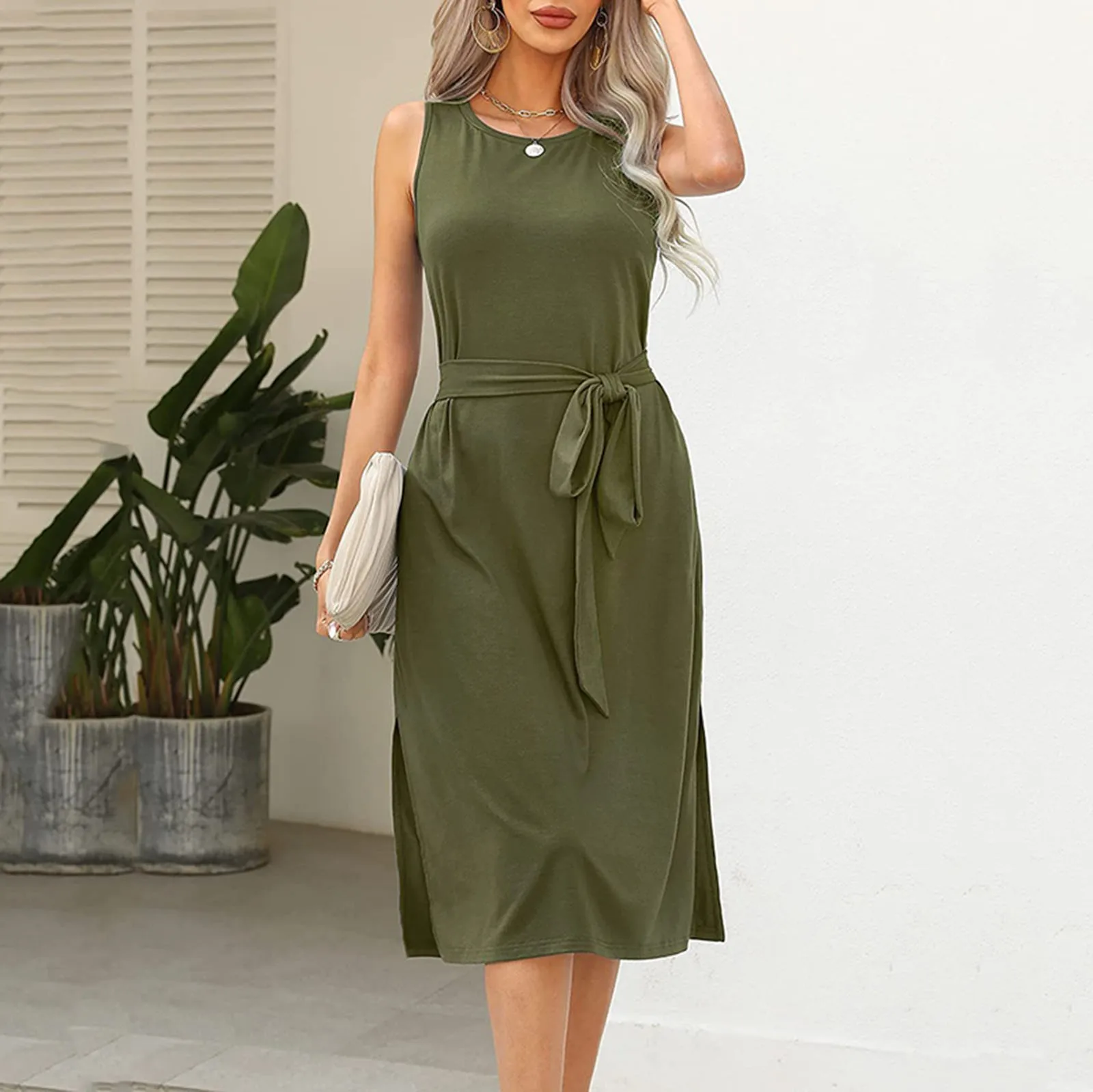 

Summer Casual Dress For Women Sleeveless Side Slits Belt Tunic Loose Midi Dresses Female Knee-Length Beach Sundress