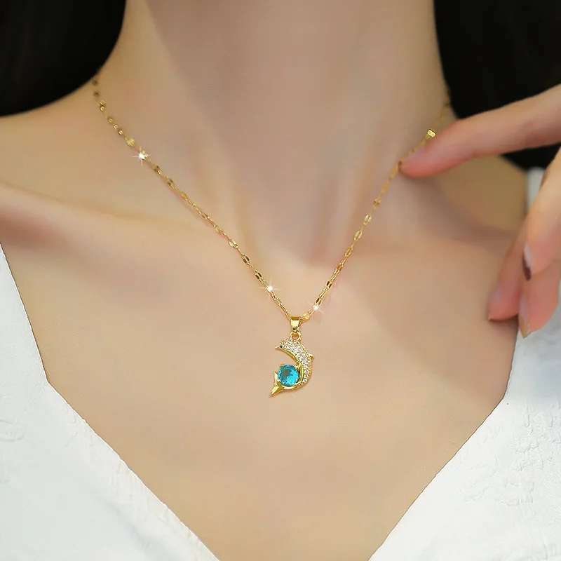 DIEYURO 316L Stainless Steel Blue Zircon Dolphin Pendant Necklace For Women New Luxury Girls Clavicle Chain Jewelry Accessories