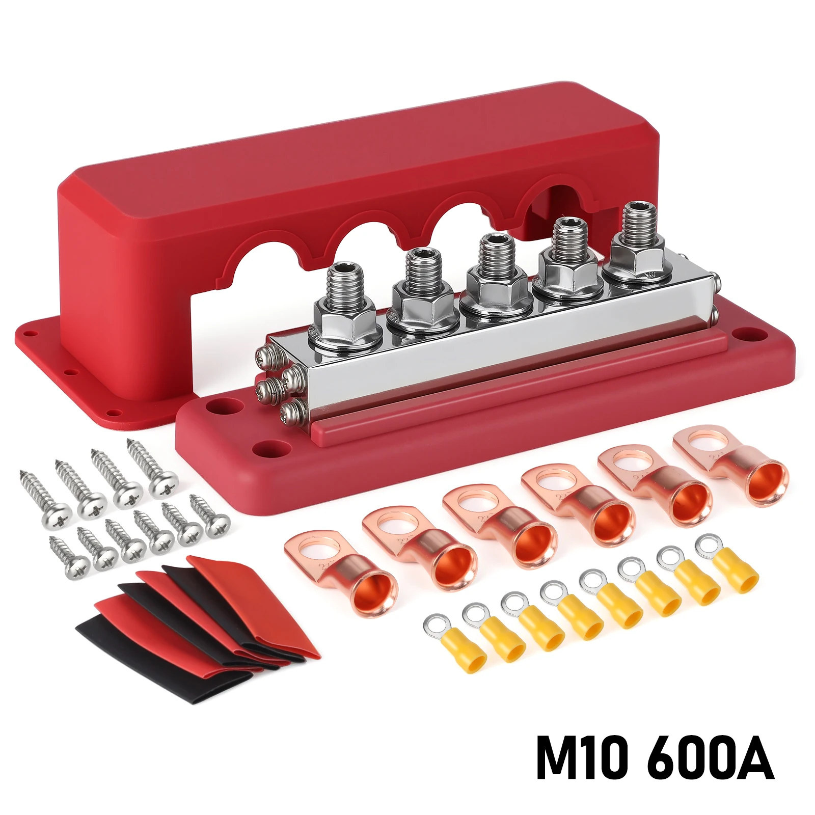 600A M10 48V DC New Copper Bus Bar 5 Stud Power Distribution Block Positive Negative Terminal Block with Cover for Boat Car RV