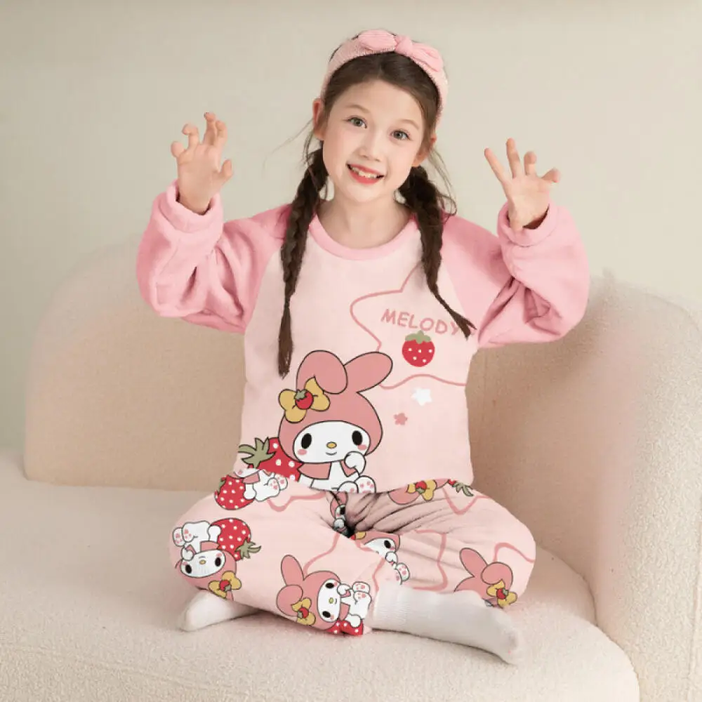 حار سانريو مرحبا كيتي kuromi الفتيات منامة الخريف/الشتاء سميكة س الرقبة الفانيلا الوالدين والطفل الزي ملابس المنزل مجموعة المرجان المخملية