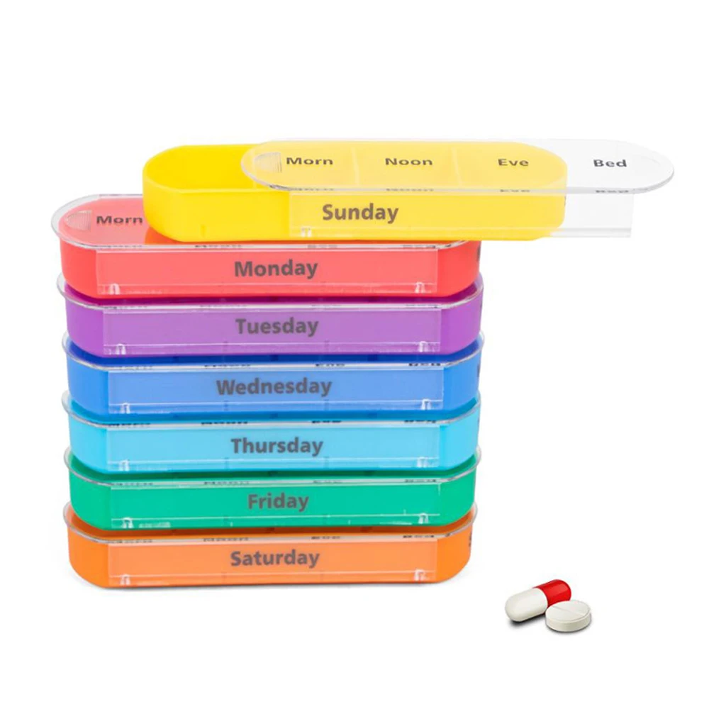 A Week Pill Boxes Seven Days Car Rainbow Portable 28 Plastic Compartments Large Capacity Portable Personal Health Care Pill Box