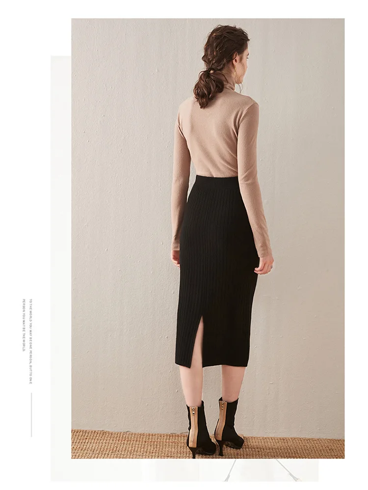 Autumn Winter Cashmere Skirt Thick Warm Soft Wool Knitted High Waist Gray Thin Split Hip Skirt Light Luxury Elegant Temperament