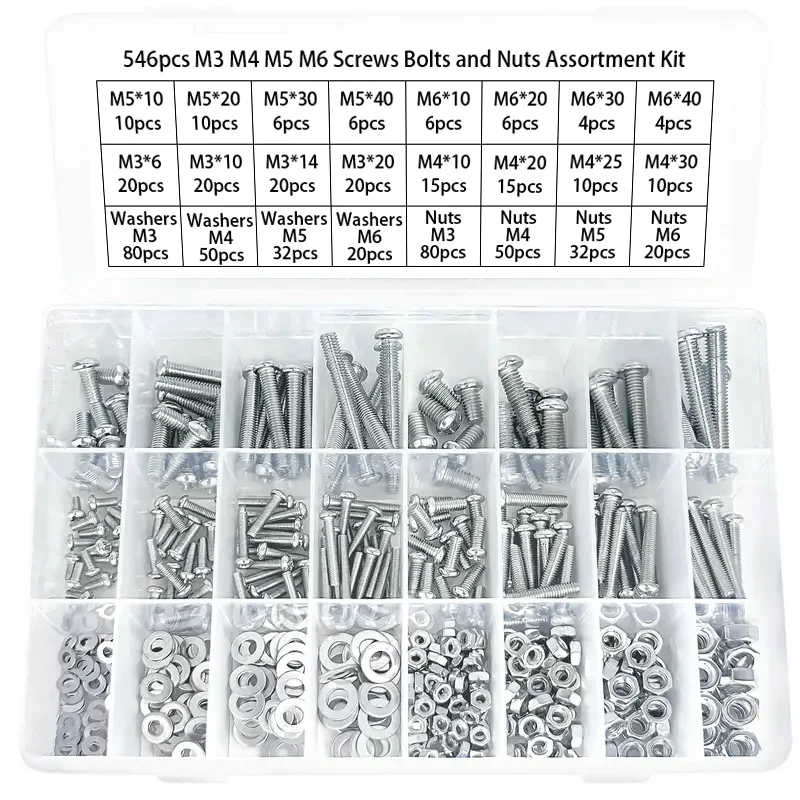 546pcs galvanized cross pan head screw and nut combination set, M3 M4 M5 M6 cross round head screw and nut washer