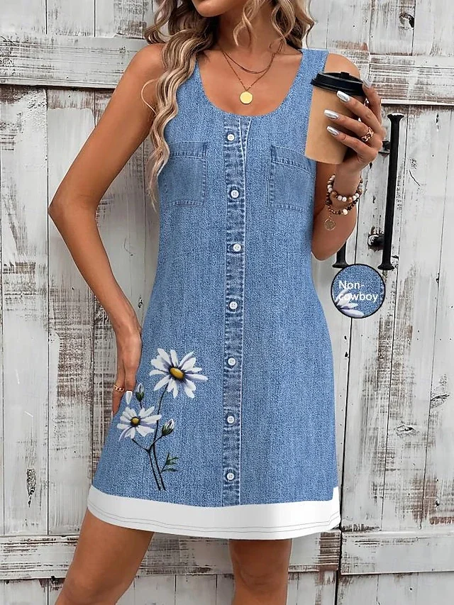 Damenkleid, Kleid für kleine Größen, Sommerkleid, Tankkleid, Sommerkleid, stilvoll, für den Urlaub, Alltag, Feiertage, lockere Passform, Blumenmuster, ärmellos, Rundhalsausschnitt