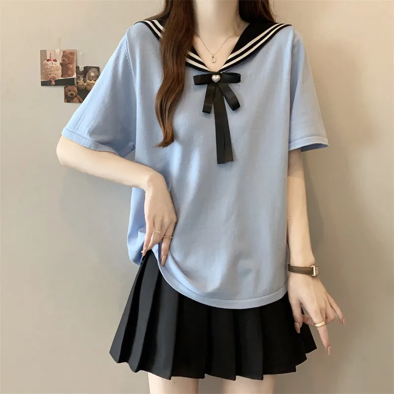 Women's Navy Collar Knitted Top 2026 Short Sleeve V-Neck Shirt with Contrast Bow Tie Casual Summer Pullover for Daily Wear
