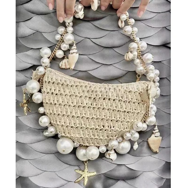 

Woven Chain Beaded Trim Shoulder Bag Pearl Conch Grass Woven Bag Lady Luxury Evening Bags For Women Rattan Handheld Bags Conch
