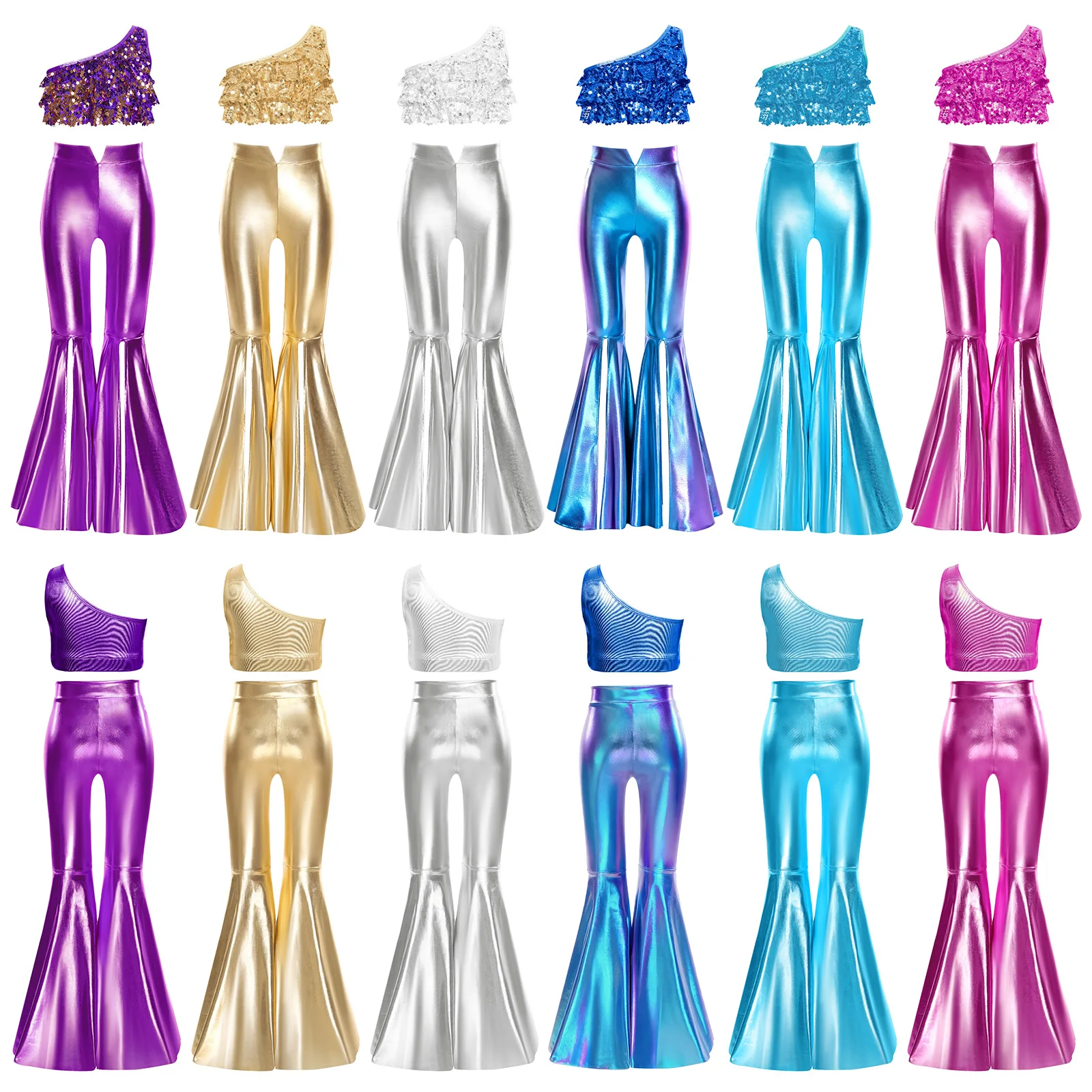 Kids Sleeveless Crop Top + Bell-Bottom Metallic Pants Suits Girls 60s 70s Disco Dance Performance Outfit Shiny Sequins Costumes