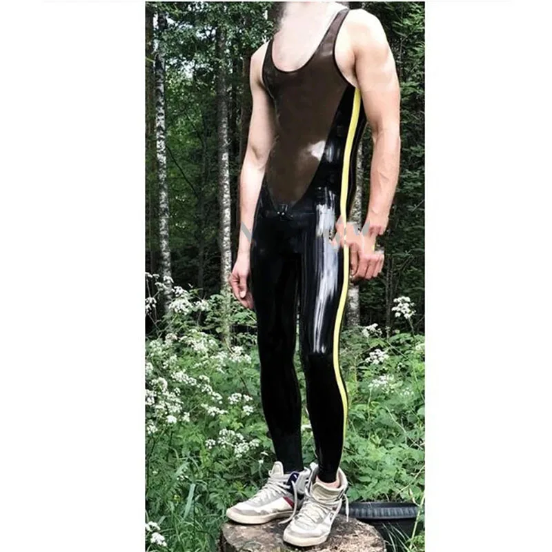

Black with Yellow Strips Men's Latex Rubber Catsuit Crotch Zipper Sleeveless Bodysuit Garment Club Wear Jumpsuit