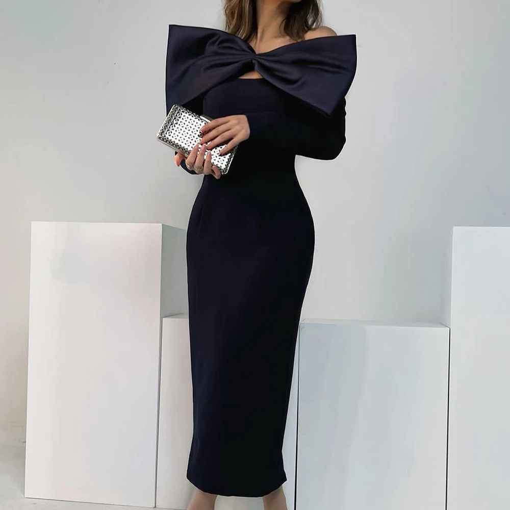 Graceful Jersey Straight Off the Shoulder 3D Bow Evening Dress High Quality Ankle Length Boat Neck Long Sleeves