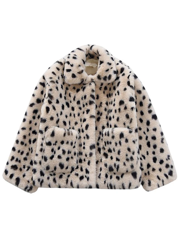 JMPRS Winter Leopard Furry Coats Women Loose Warm Faux Fur Ladies Short Jacket Turn Down Collar Plush Korean Fashion Clothes New