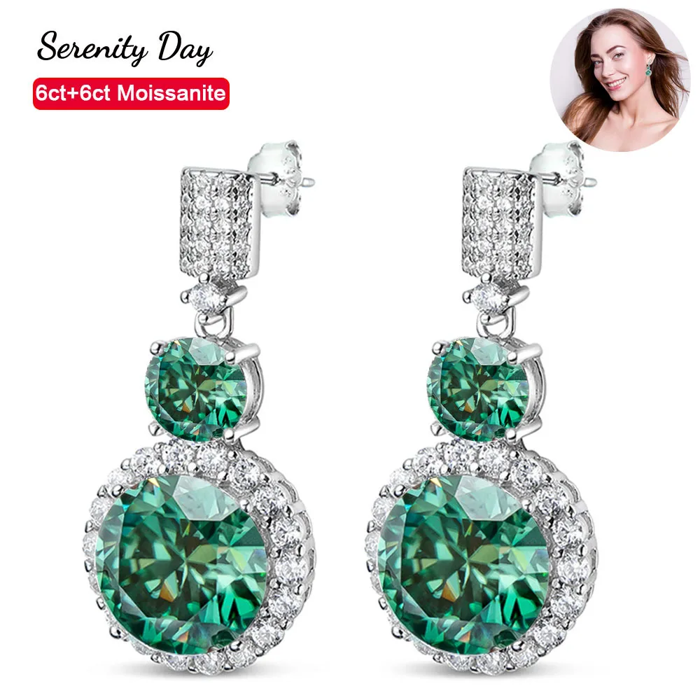 Serenity Day 6ct+6ct Big Green Moissanite Stud Earrings For Women 100%  S925 Sterling Silver Plate Pt950 Fine Jewelry Wholesale