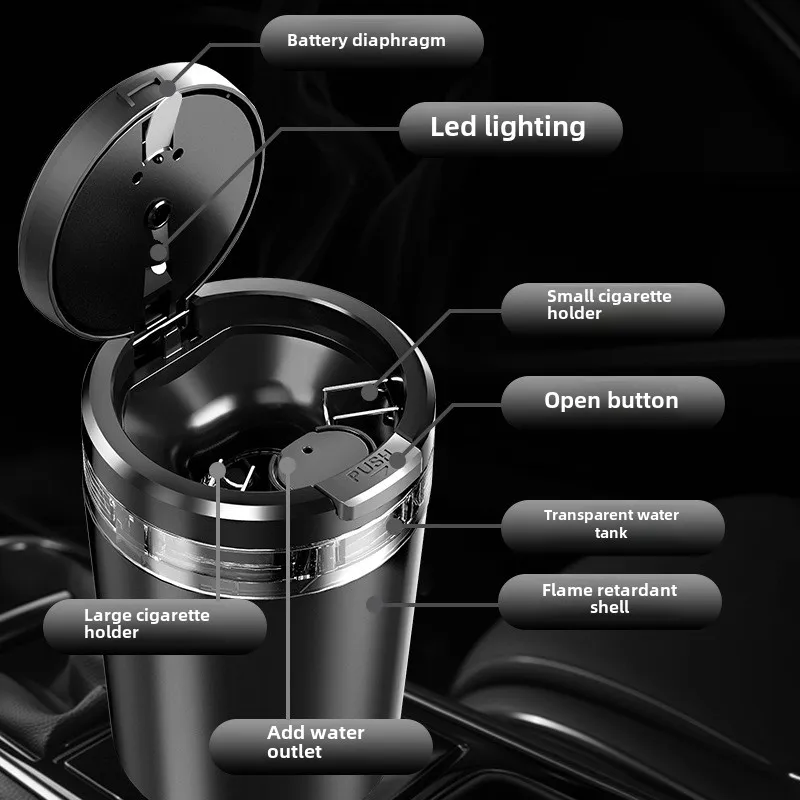 Posacenere per auto con serbatoio dell'acqua trasparente creativo per un'estinguaggio rapido del fumo. Coperchio con apertura a un clic per posacenere per auto