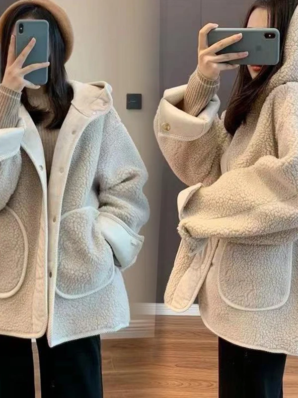 

Женская теплая куртка больших размеров из овечьей шерсти с капюшоном, утепленная, приталенная, на одной пуговице, повседневная верхняя одежда с длинными рукавами и застежкой-молнией