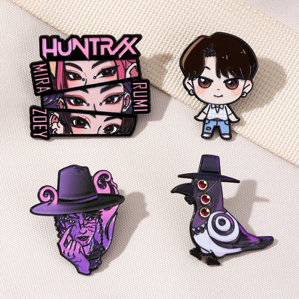 4pcs K-Pop Demon Hunters Enamel Pins Saja Boys Jinu Magpie Cartoon Character Metal Brooch Badges Jewelry Gifts for Anime Fans