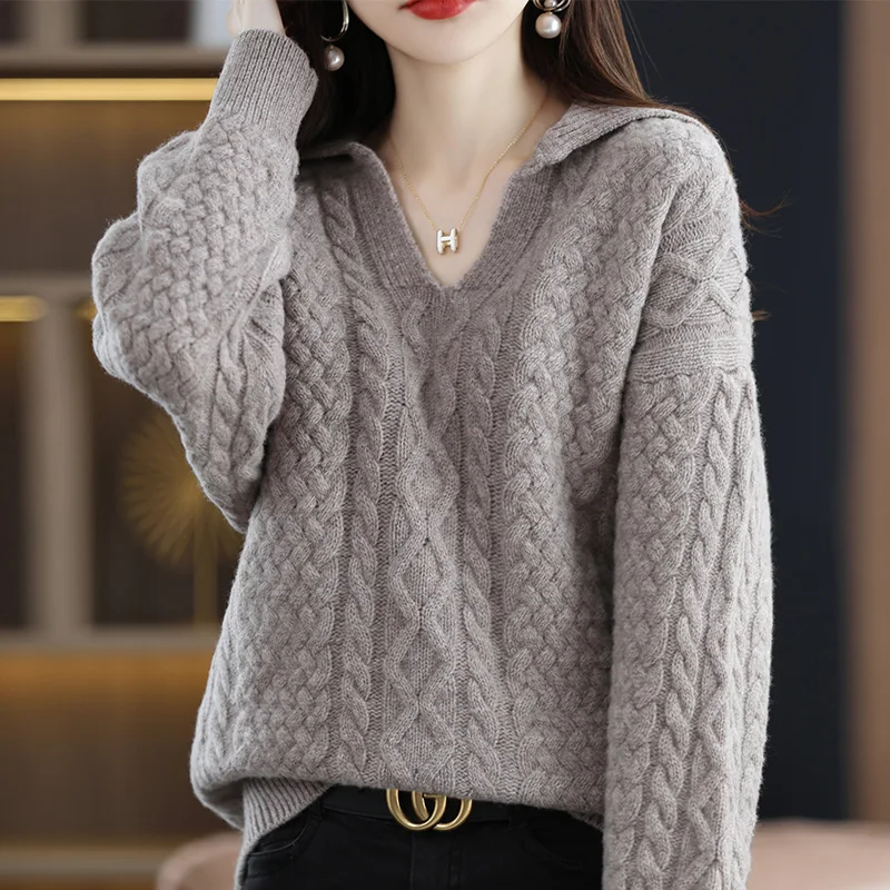 Polo Lapel 100% Pure Wool Sweater Women\'s Fashion Autumn And Winter New Sweater Cashmere Sweater Loose Knitted Sweater JQ153