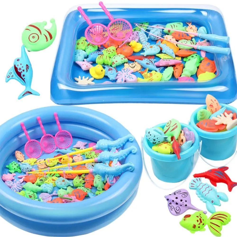 Juguete de pesca magnético para niños con animales de dibujos animados, caña magnética interactiva, parque acuático, pesca, juego de piscina inflable de 8 estilos