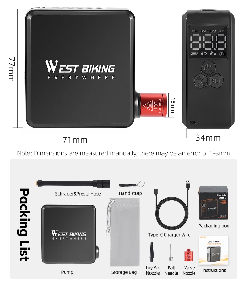 WEST BIKING 150PSI Elektrische Fahrradpumpe, Taschen-Mini-Luftkompressor mit Digitalanzeige für Fahrrad-, Auto- und Motorradreifen, FV AV – Detail 4