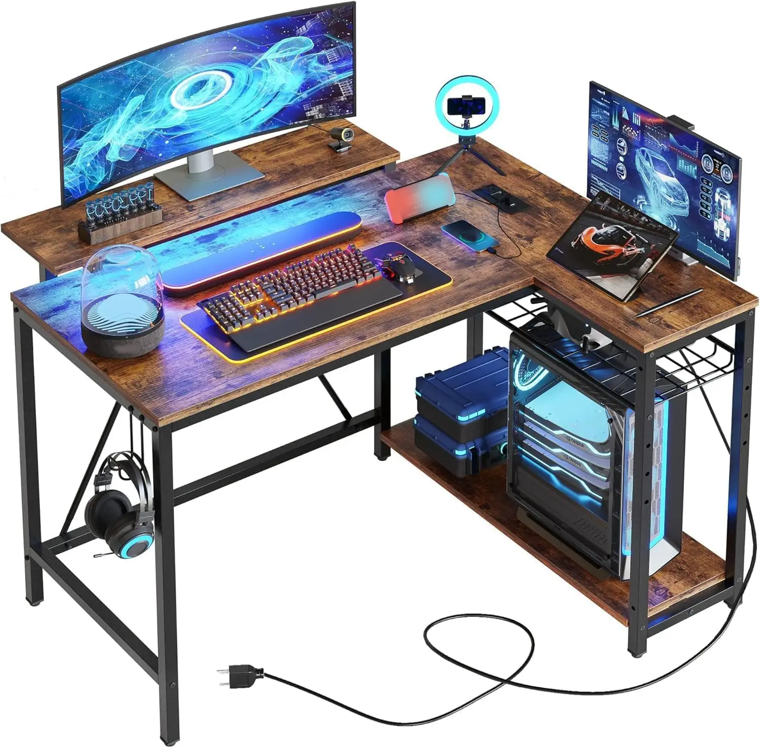 Bestier 42-Inch L-Shaped Gaming Desk with Charging & LED, Rustic Brown | Charging 2AC+USB+Type-C, RGB LED 7 Colors/20 Modes, Reversible Storage Shelves, 3D Carbon Fiber, Headphone Hook, Small Space