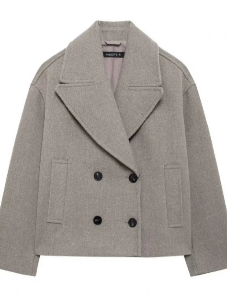 Women's Fashion Short Double-breasted Wool Blend Coat Retro Style Long Sleeve Zipper Closure Pure Color with Hat Spring Season