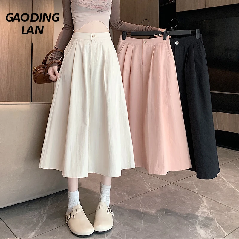 

GAODINGLAN Elastic High Waist Mid Calf Women Skirts Elegant Fluffy A Lnie Solid Long Skirt Versatile Female Y2k Large Hem Skirt