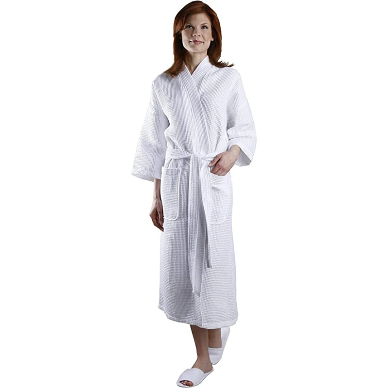 

Waffle Women's Bathrobe Autumn Long Sleeve Solid White Ladies Dressing Gown Pockets V Neck Kimono With Sashes For Female