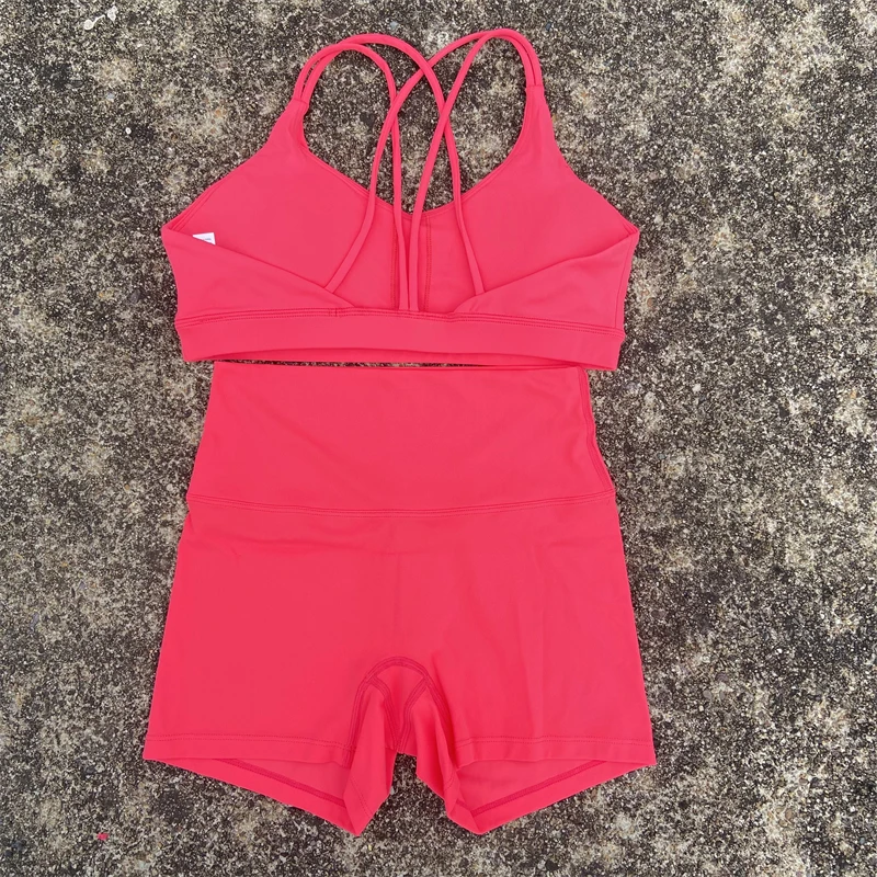 Yoga Shorts Set Gym Sports Set 2 Piece Women Workout Outfit Fitness Suit Cross Straps Bra High Waist Shorts Running Tracksuit image 2