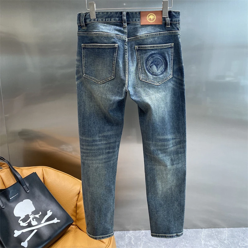 

Faionable Men's Slim Fit Jeans Autumn Winter New Sle Waed Embroidered Elastic Casual Long Pants mid Waist Zipper