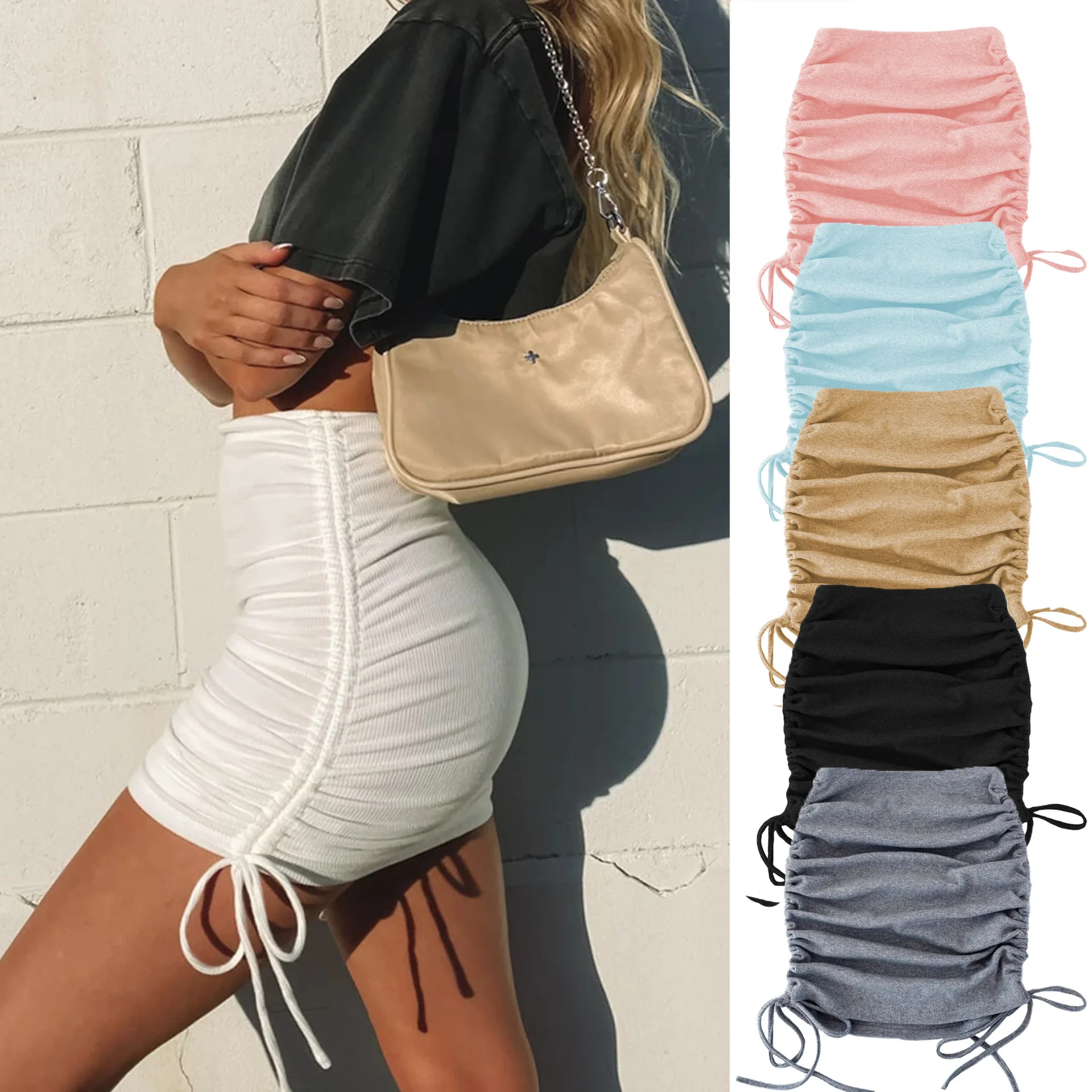Women Summer Skirts lace-up 2022 Ladies Knitting Thread Side Draw String Elastic Corrugated Sexy Hip Adjustable Casual WSL4321