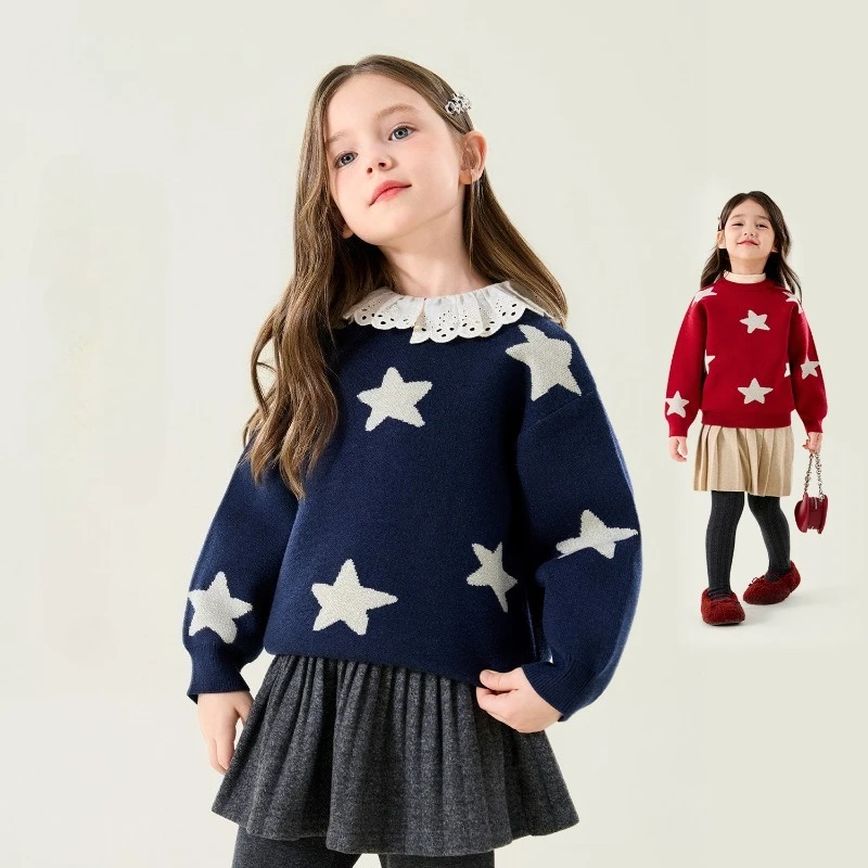 High‑Quality Anti‑Pilling Girls Knitted Pullover Sweater Star Pattern Soft Kids Jumper Autumn Winter Casual Children Knit Top