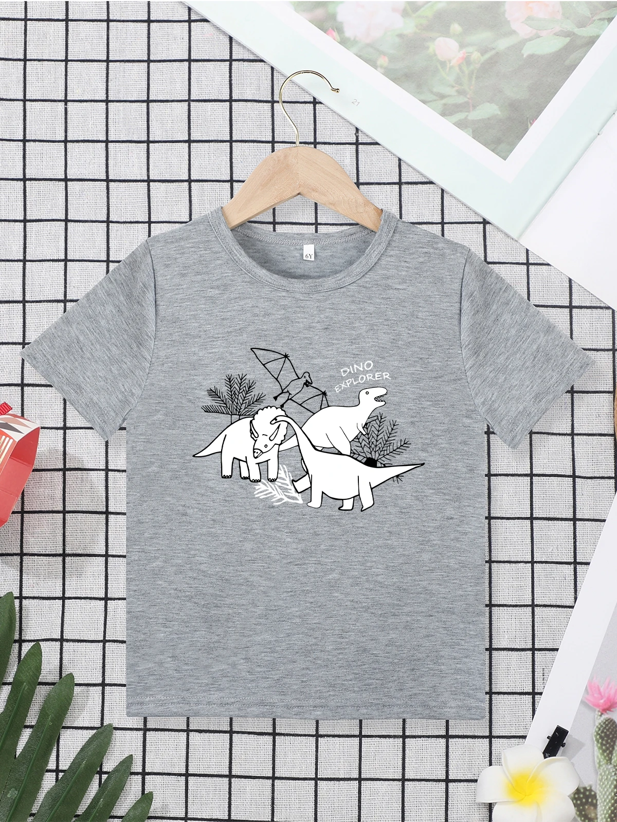 Dinosaur Print Simple Harajuku Kids T Shirt for Boys Grey O-neck Summer Clothes Comfy Versatile Streetwear Children's Shirt