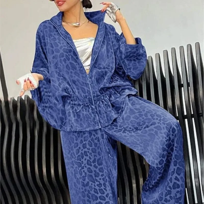 Spring Autumn Fashion Leopard Print 2 Piece Sets Women Fall Lapel Zipper Drawstring Coat Wide-leg Pants Outfit Long Sleeve Suit