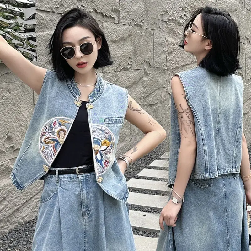 

Womens Denim Vest Embroidered Flowers Waistcoat