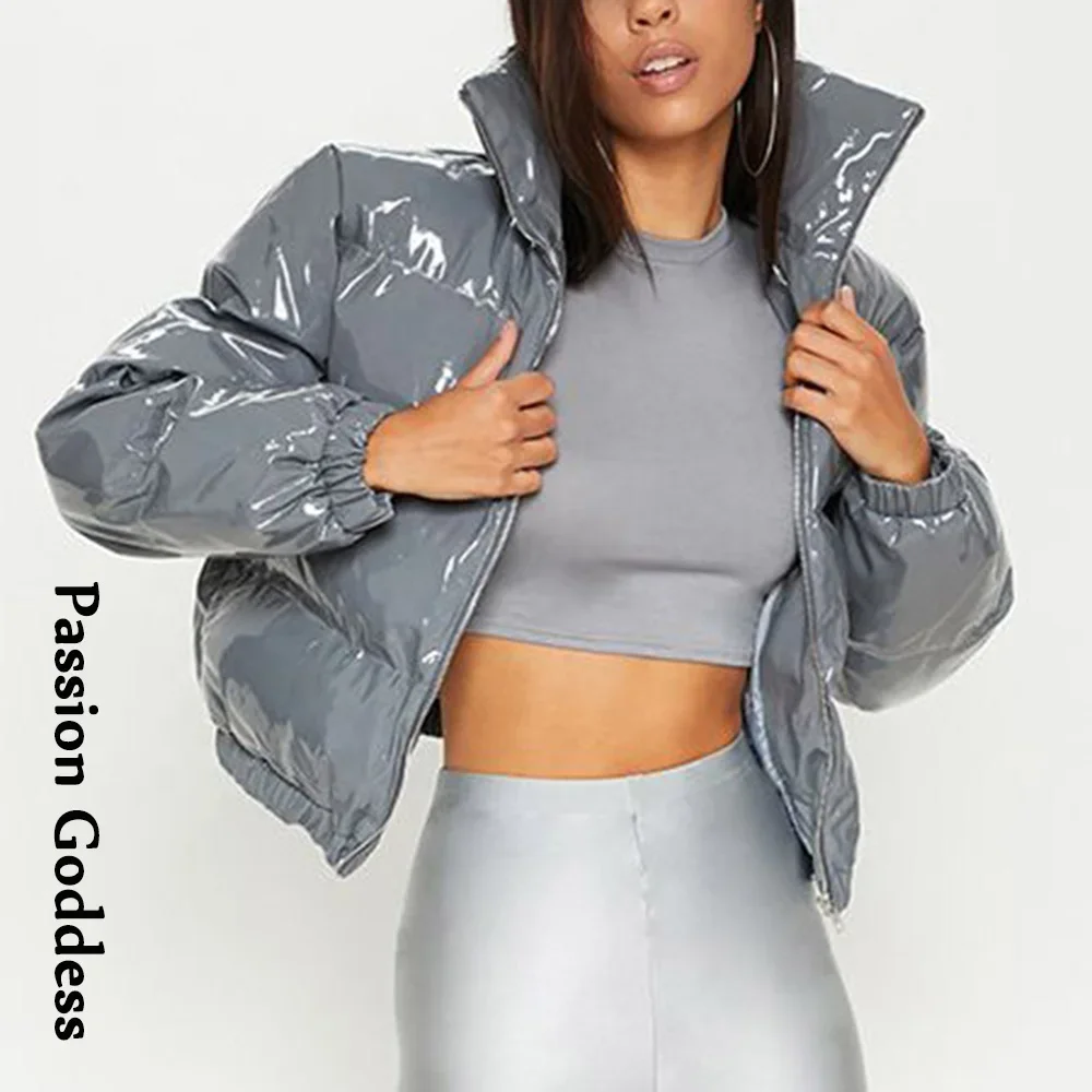 Women Shiny Gray PU Leather Down Puffer Jackets Winter Glossy Leather Bubble Coats Thick Parkas Down Zipper Puffy Jacket Parkas