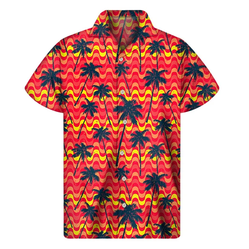 Colorful Palm Tree 3d Print Shirt Men Summer Vacation Tropical Plants Pattern Short Sleeves Hawaiian Shirts Button Lapel Blouse