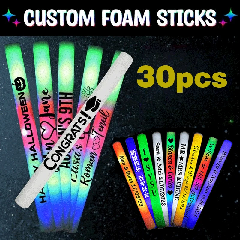 

30 шт. настраиваемые светодиодные светящиеся палочки, разноцветные пенопластовые палочки, светящиеся палочки для персонализированных принадлежностей для свадебной вечеринки