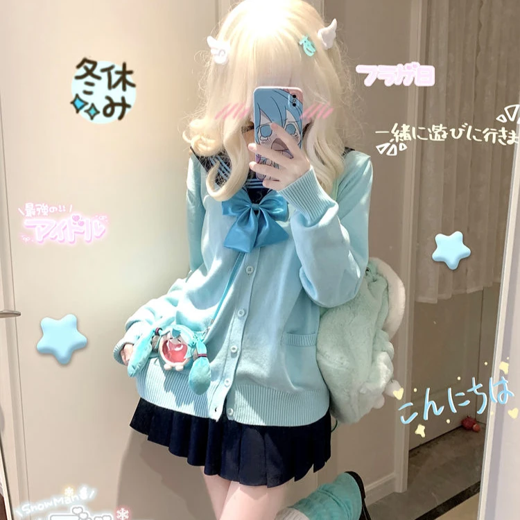 Water blue knitted cardigan fashionable and sweet Japanese JK autumn and winter knitted sweater anime style jacket top