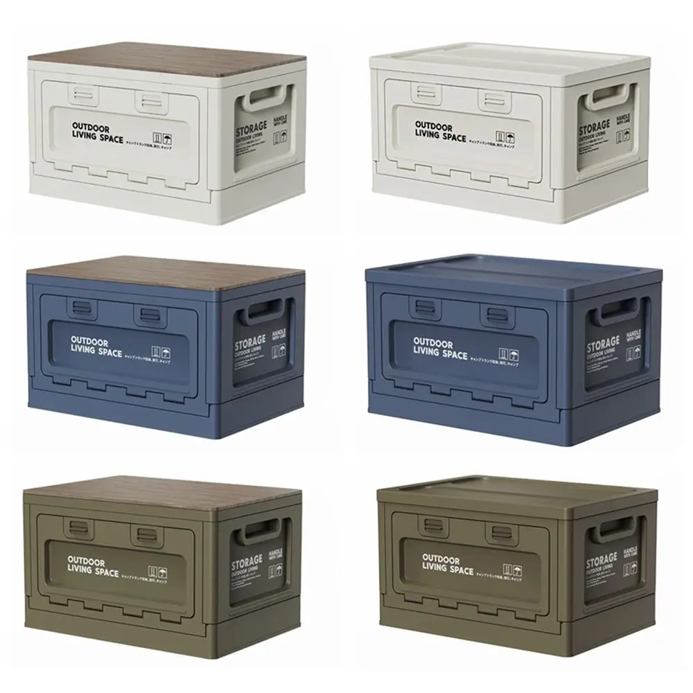 

Portable Camping Storage Box Collapsible Plastic/Wooden Lid Outdoor Sundries Storage Box 27L Waterproof Folding Outdoor Bin