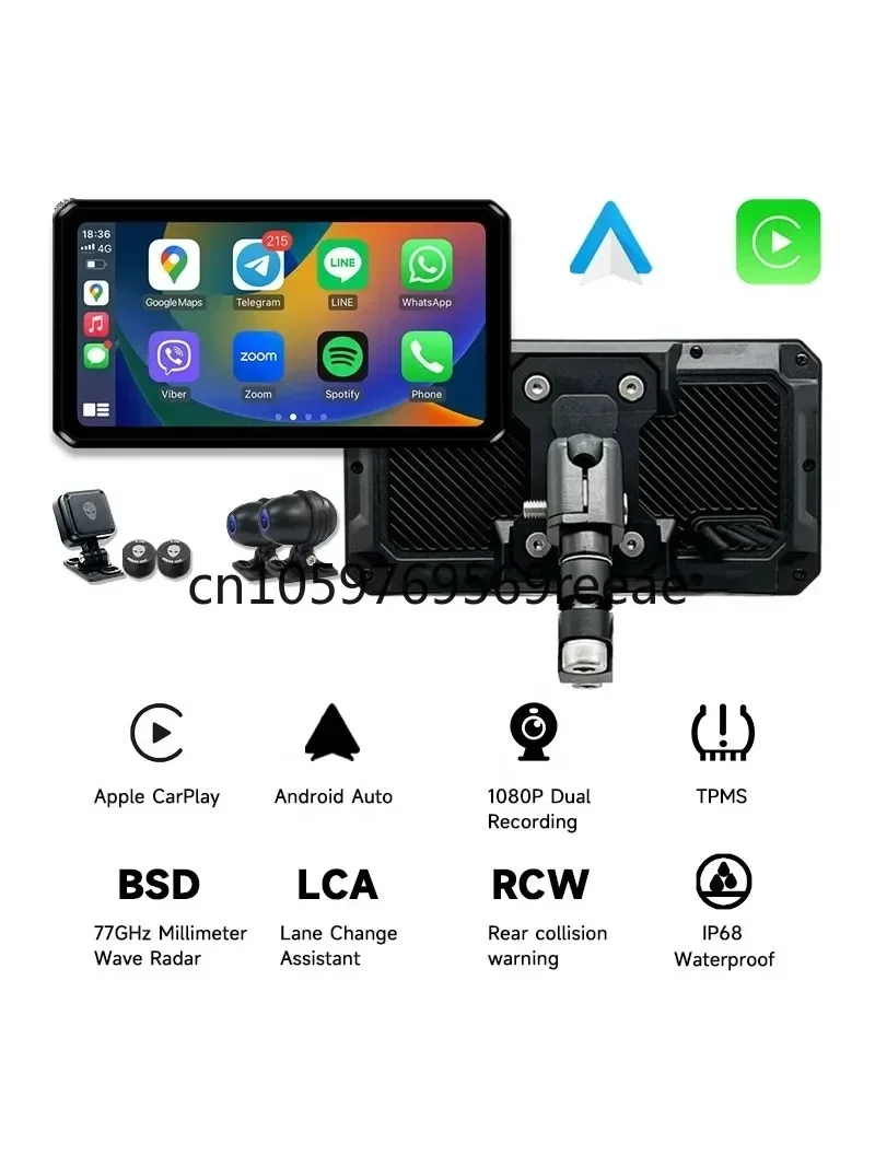 AlienRider M2 Pro Motorcycle CarPlay Navigation Android Auto Dual Recording Dash Cam With 6 Inch Touch Screen 77GHz Radar BSD