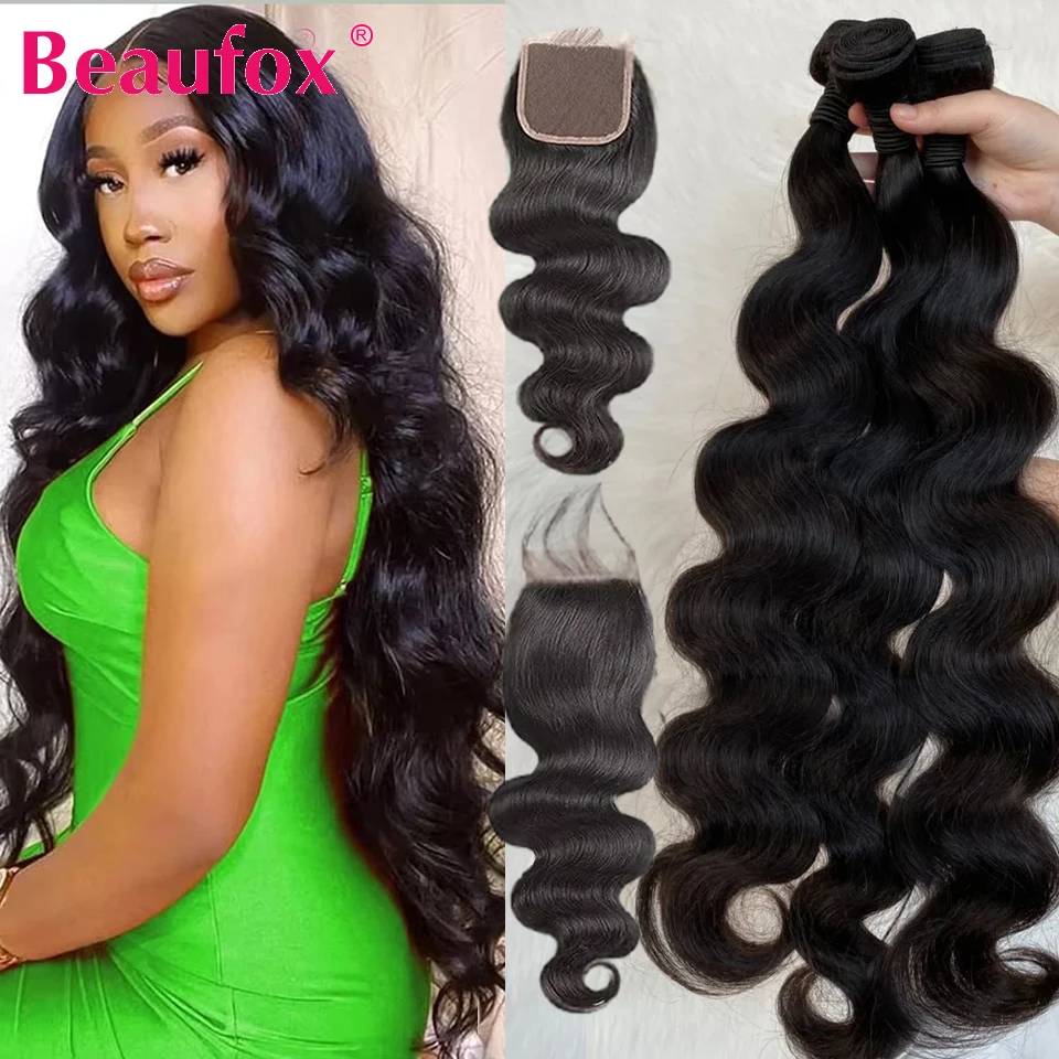 Beaufox Body Wave Bundles With Closure Peruvian Human Hair 3/4 Bundles With Closure Wavy Hair Weave Bundles With Lace Closure