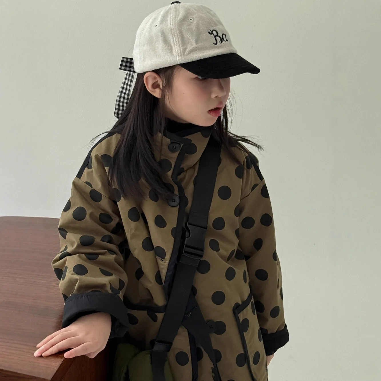 Kids Cotton Clothes 2025 Winter Korean Style Girls Japanese Retro Literary Polka Dot Padded Top Stand Collar Single Jacket 2
