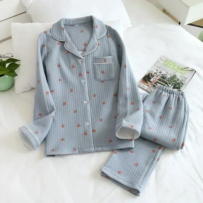 Japanese new style autumn and winter long-sleeved trousers, pure cotton air cotton, warm ladies pajamas, home service sleepwear