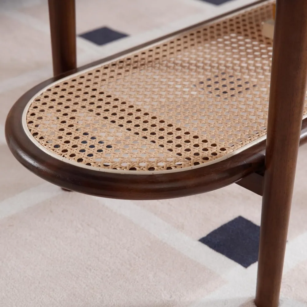 Walnut Rattan Coffee Table, 39.5" Oval Center Table with Storage Shelf, Modern 2-Tier Wood Side Table for Bedroom Small Space