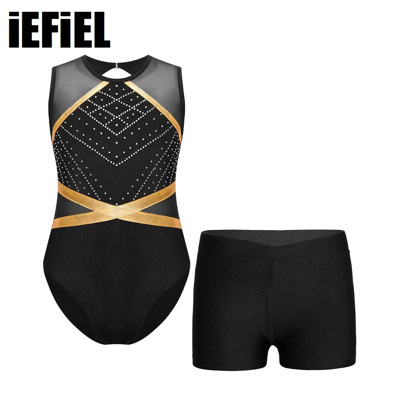 

Kids Girls Glittery Dance Leotard Gymnastics Keyhole Back Patchwork Bodysuit with V-front Shorts for Gymnastics Figure Skating