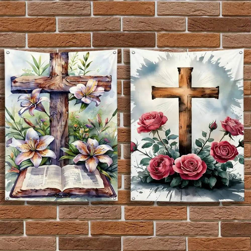 Cross Bible Art Christian Flag Tapestry Banner For Bedroom Outdoor Living Room Restaurant Bar Wall Decor Party