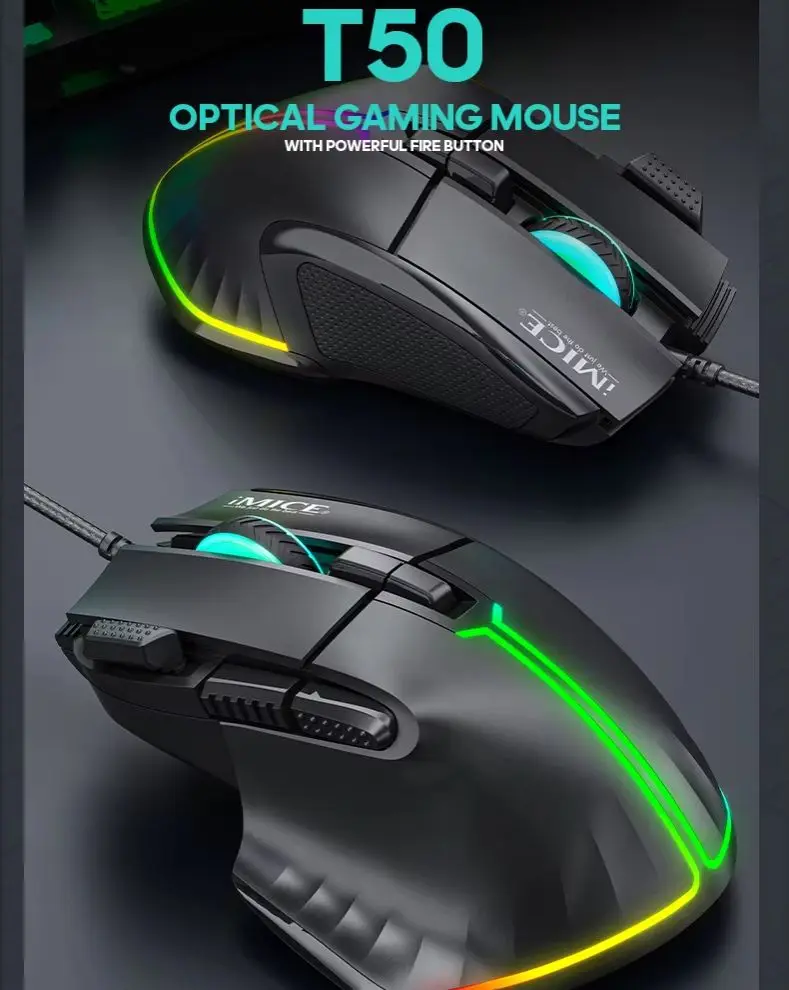 12800DPI T50 Wired Programmable Gaming Mouse RGB Backlit Ergonomic Design Optical Gamer Mouse For PC Computer Laptop Tablet