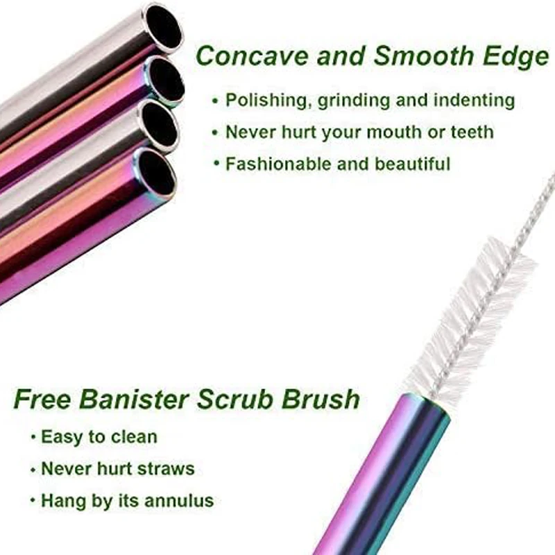 Set of 4 Reusable Metal Straws Rainbow Color, Long Stainless Steel Straw with Cleaning Brushes-2 Straight 2 Bent+1 Brush