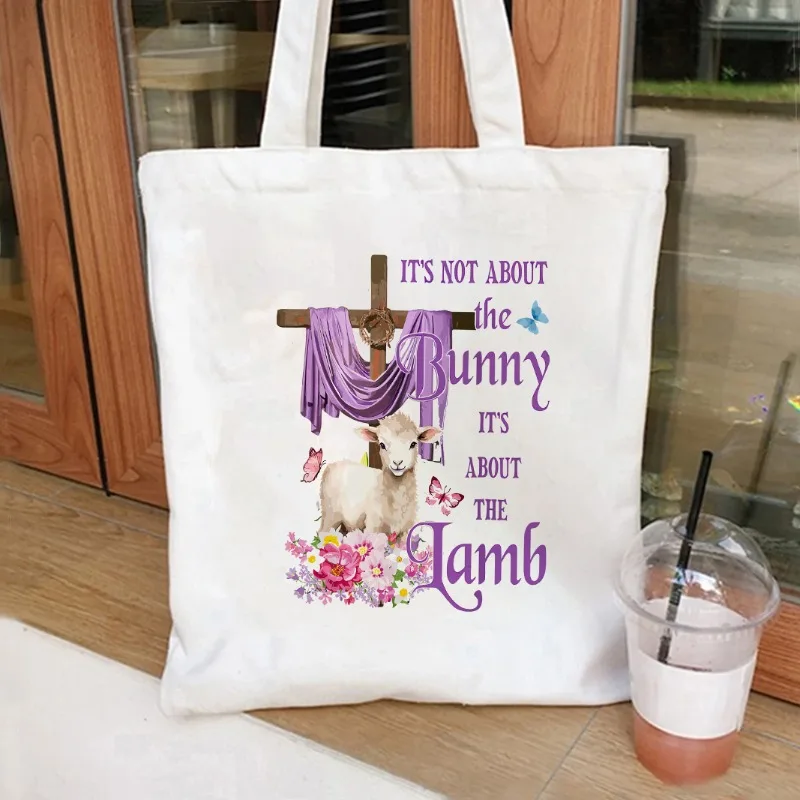 

Easter Celebration Tote Bunny Lamb and Cross Canvas Bag Large Durable for Shopping Cosmetics Eco-Friendly Women's Shoulder Bags